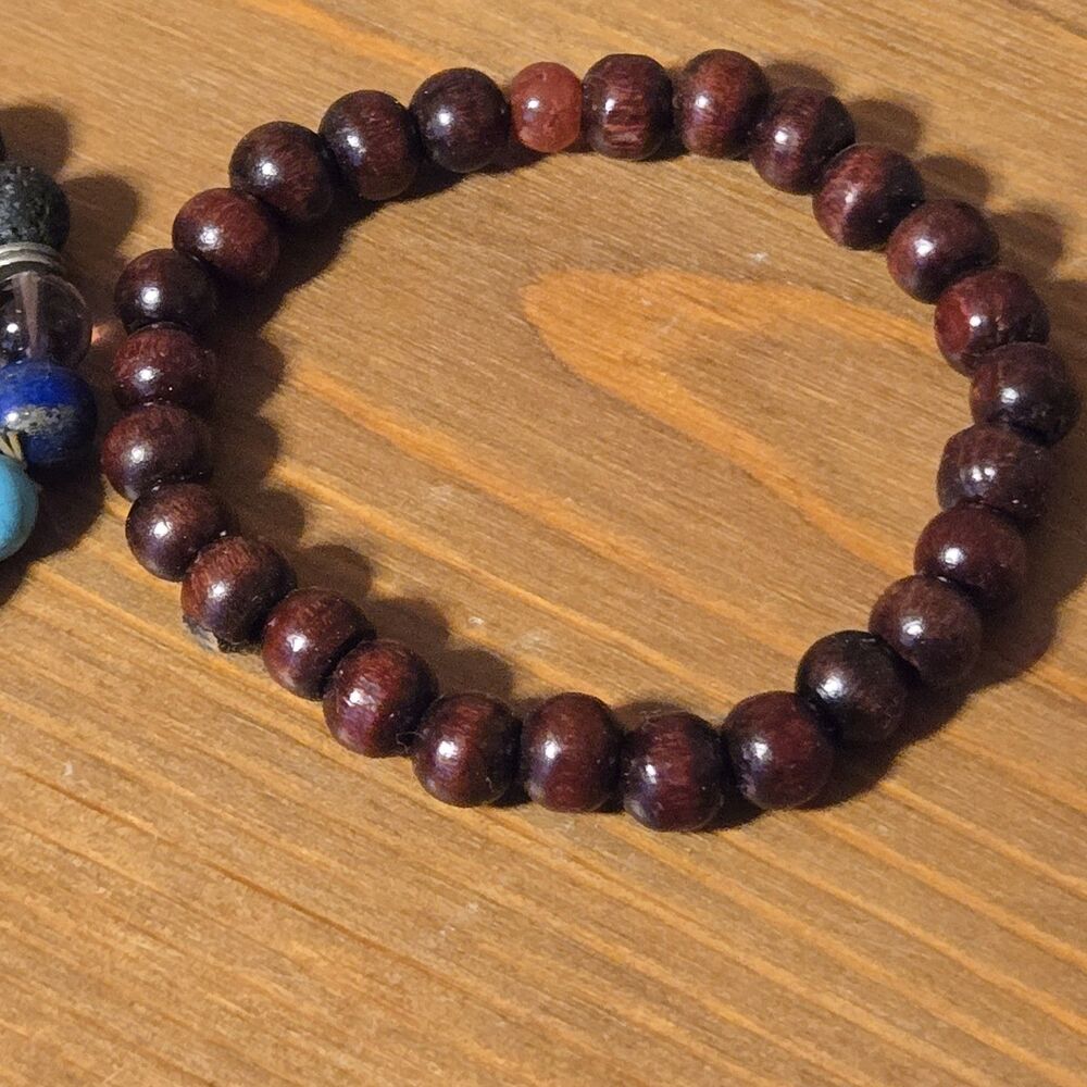 (2) 7-Chakra Volcanic Lava & Wood Prayer Bead Bracelets - Picture 4 of 5